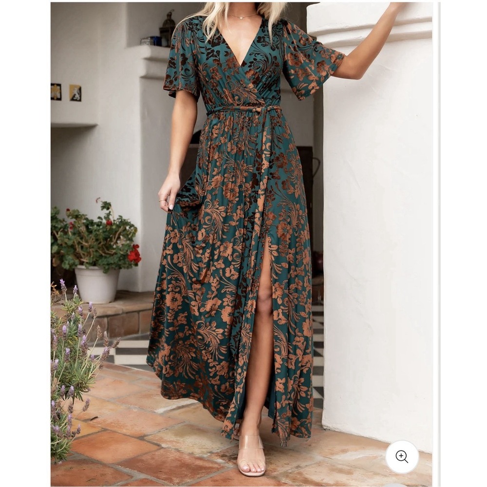 Baltic Born Uma Velvet Maxi Dress Embossed Copper Floral FallWeddingMaternity L